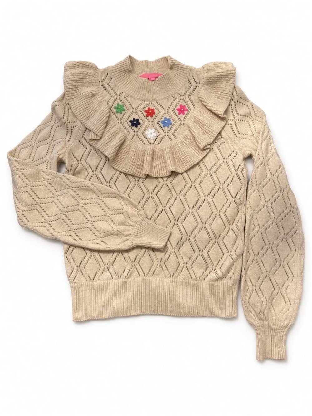 Lilly Pulitzer Women’s Ruffle Floral Embroidered Open Knit Sweater Beige